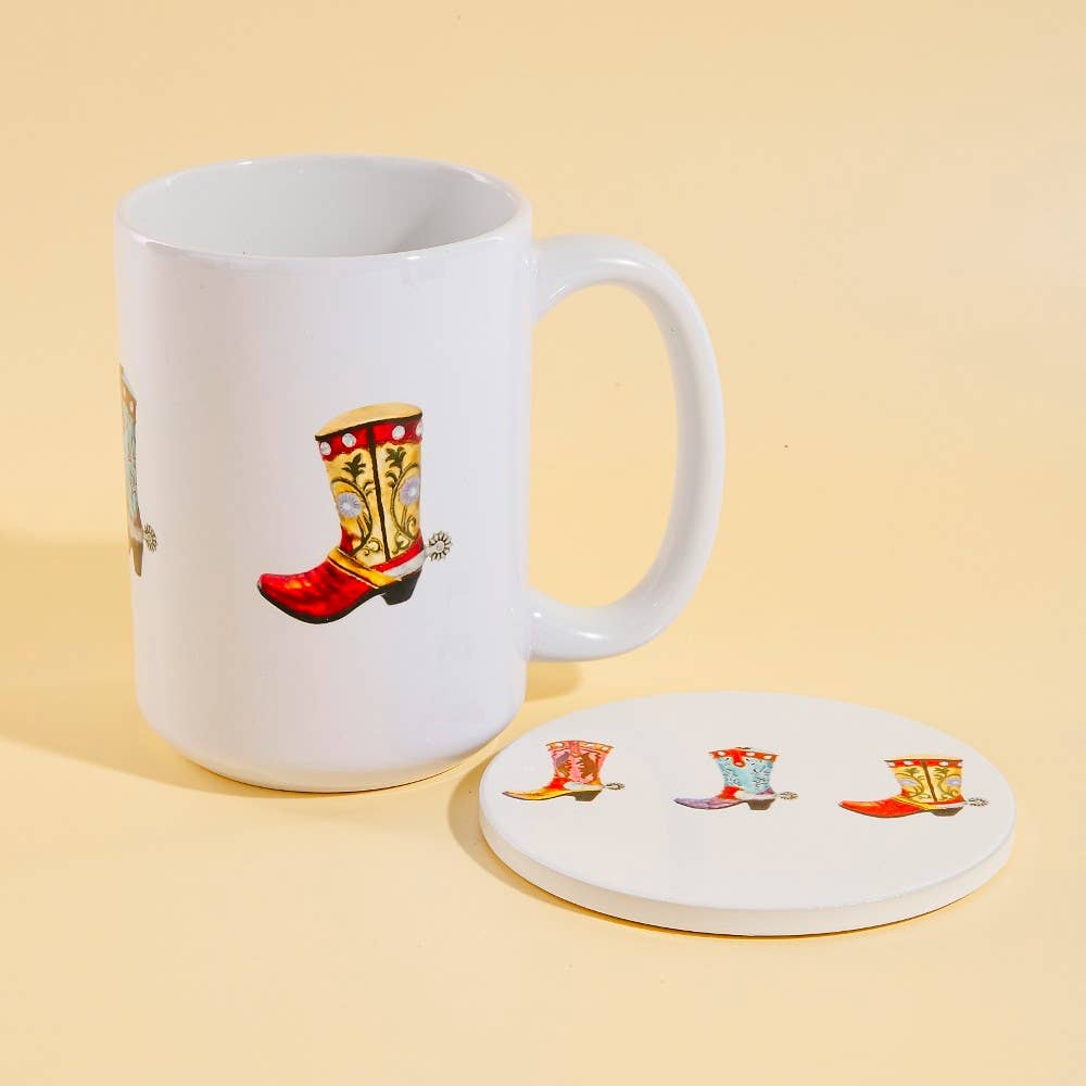 Western cowboy boots 15 oz mug with matching coaster by Anarchy Street, featuring detailed Western boot design.