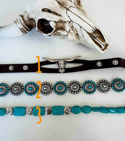 Western hat band with conchos, stones, and longhorn steer accents, designed for cowboy-style accessories by Boho Ranch Shop.