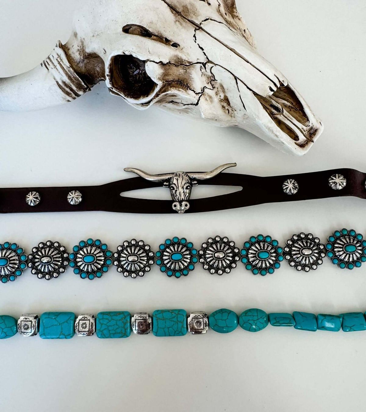 Western hat band with concho, stones, and longhorn steer design, ideal as stylish hat accessory from Boho Ranch Shop
