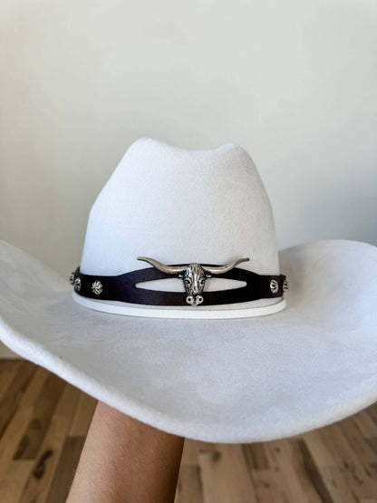 Western hat band with concho, stone accents, and longhorn steer design, crafted by Boho Ranch Shop for stylish hat accessories.