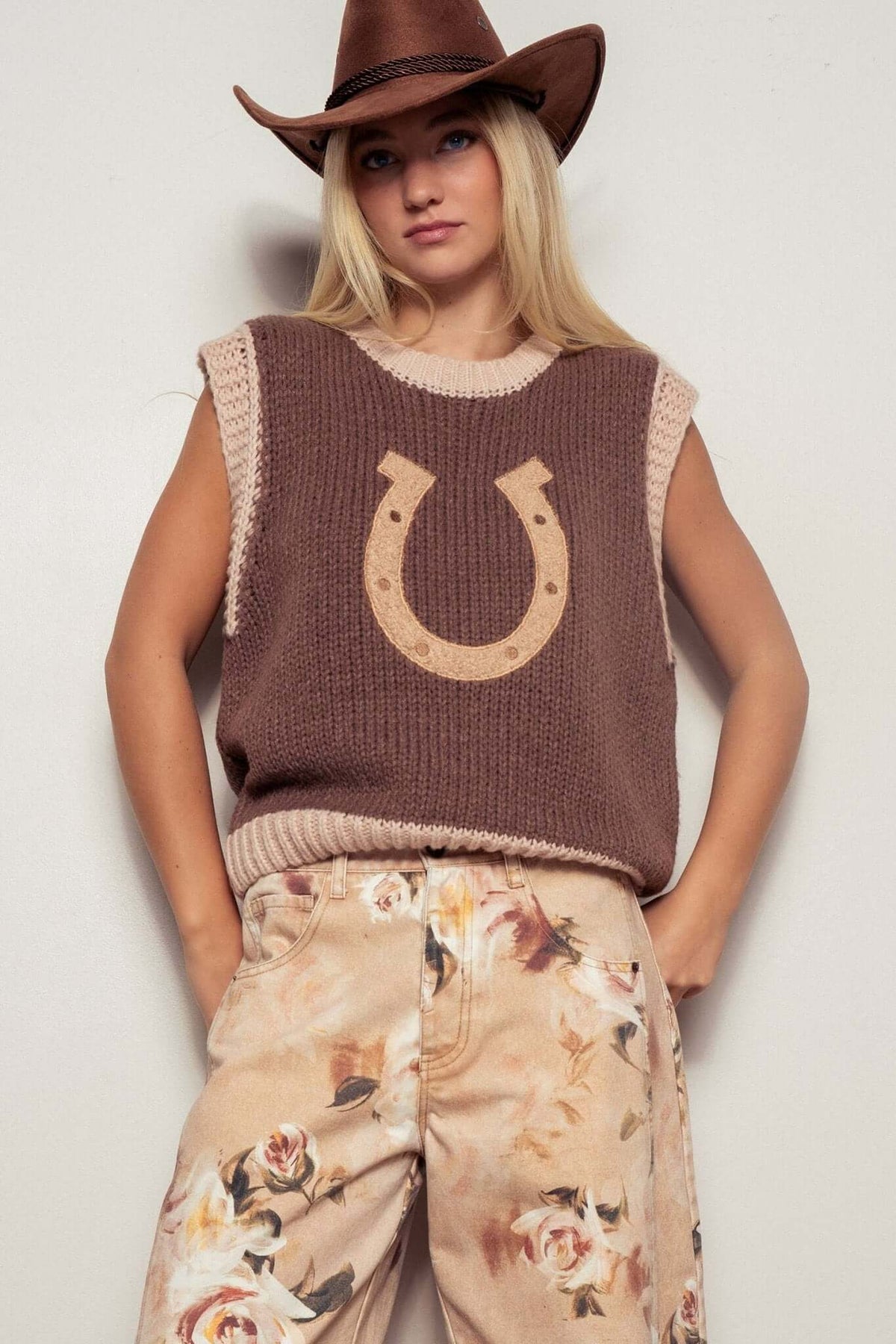 Urban Daizy Western Horseshoe crochet knit sweater vest with ribbed trim, featuring detailed crochet pattern and classic western-inspired design.