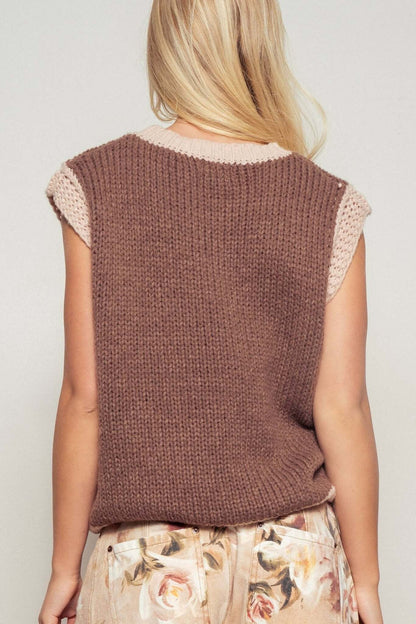Urban Daizy western horseshoe crochet knit sweater vest with ribbed trim, featuring detailed crochet pattern and classic sleeveless design.