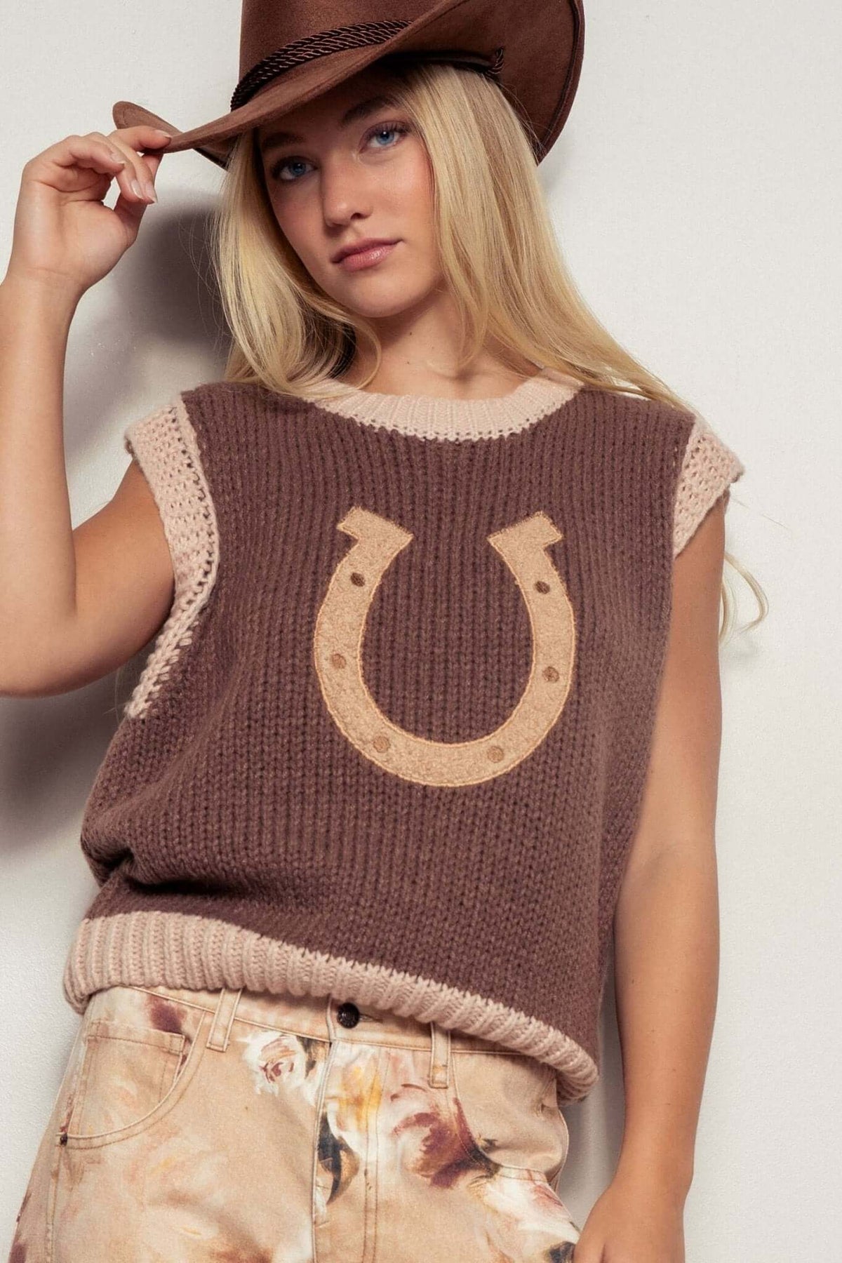 Urban Daizy Western Horseshoe crochet knit sweater vest with ribbed trim, featuring detailed crochet and classic western-inspired design.