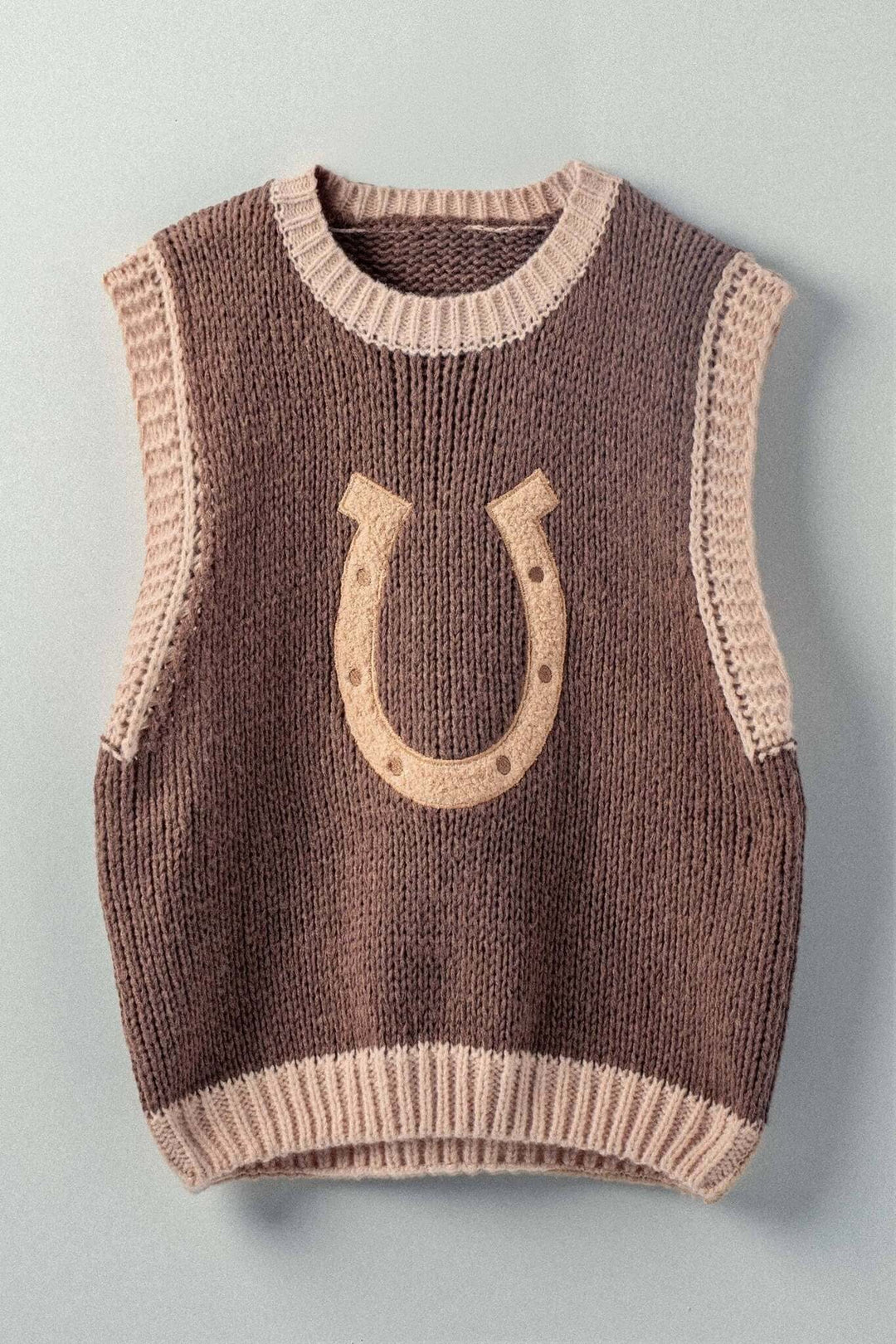 Western Horseshoe Crochet Knit Ribbed Trim Sweater Vest - Cowgirl Charm