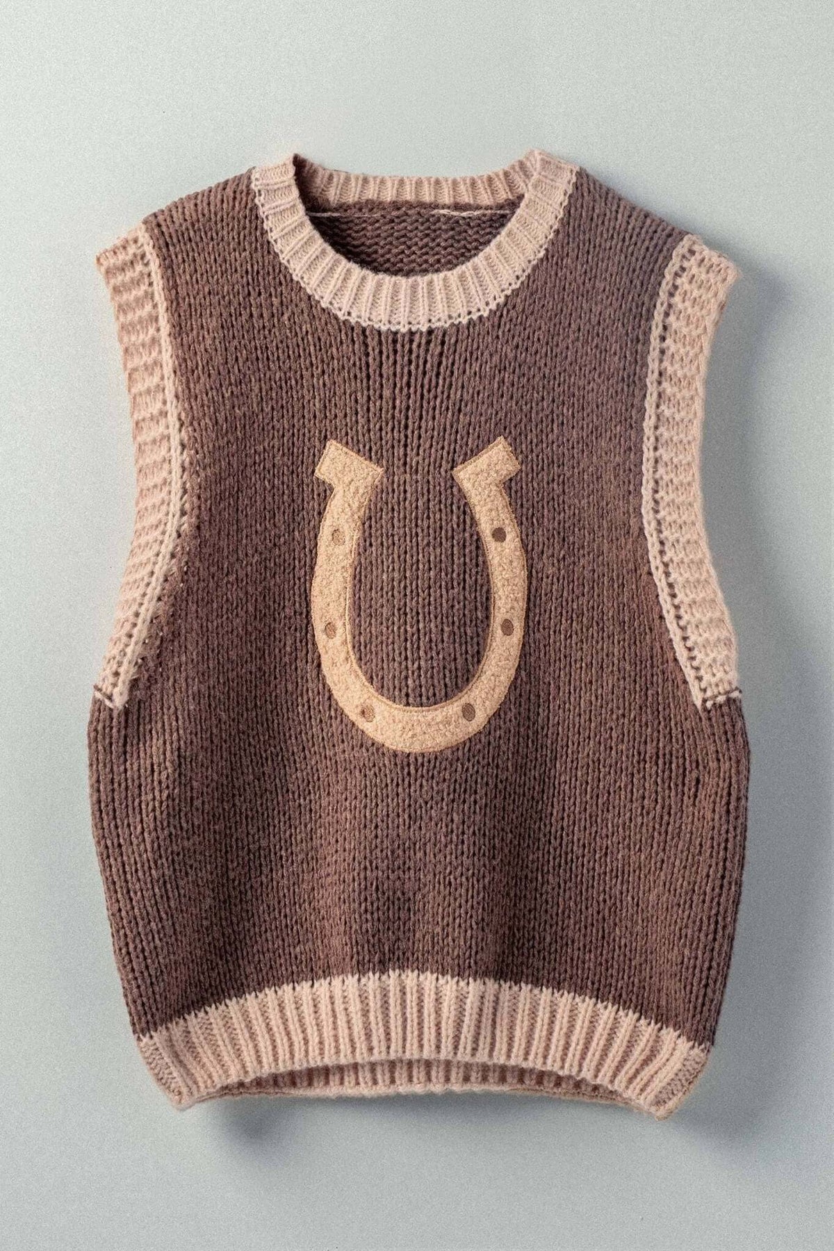 Urban Daizy Western Horseshoe crochet knit sweater vest with ribbed trim, featuring detailed crochet pattern and classic western-inspired design.