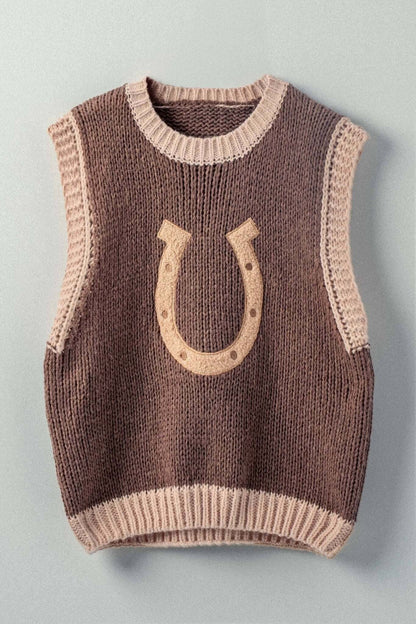 Urban Daizy Western Horseshoe crochet knit sweater vest with ribbed trim, featuring detailed crochet pattern and classic western-inspired design.