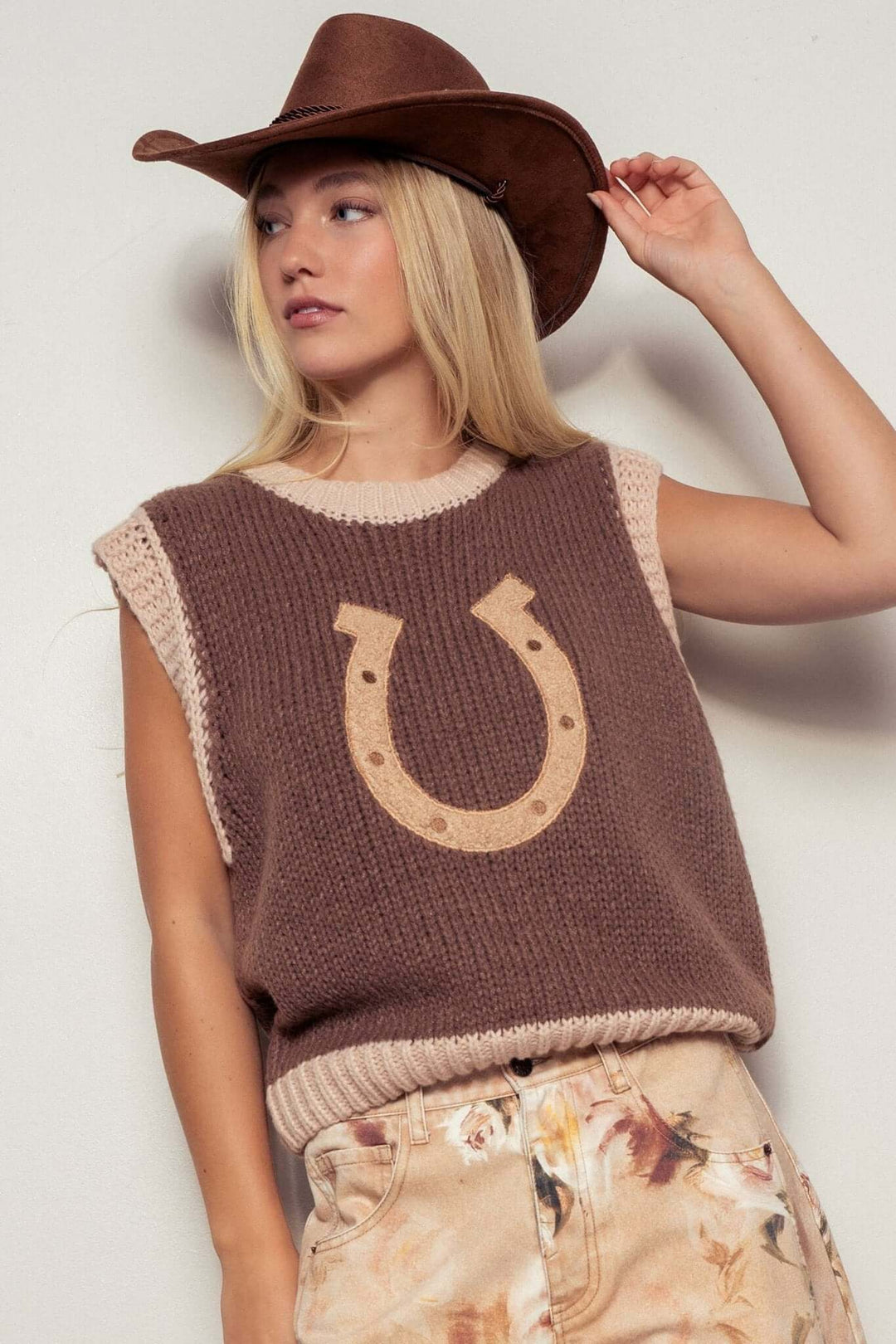 Western Horseshoe Crochet Knit Ribbed Trim Sweater Vest - Cowgirl Charm