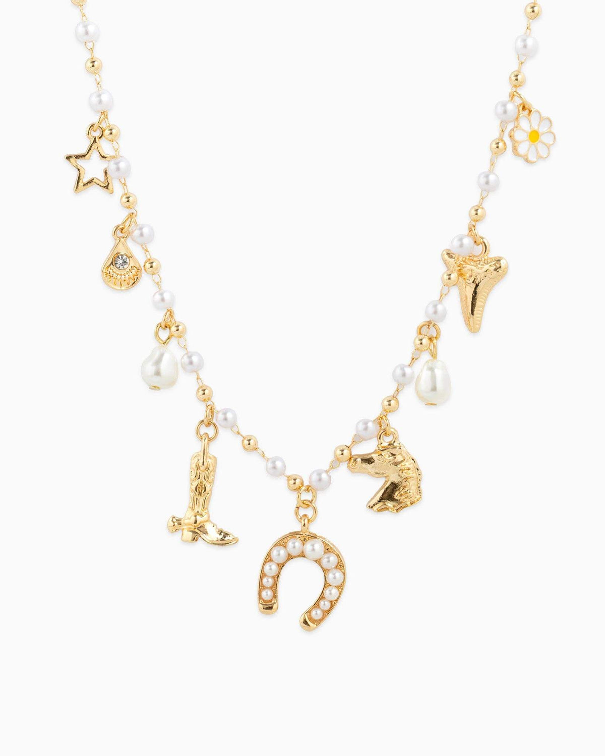 Western Icon Pearl Mix Chain Charm Necklace by Sessori featuring mixed pearls and chain design for stylish accessorizing.