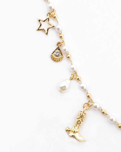 Western Icon Pearl Mix Chain Charm Necklace by Sessori featuring a layered chain with pearl and charm accents.