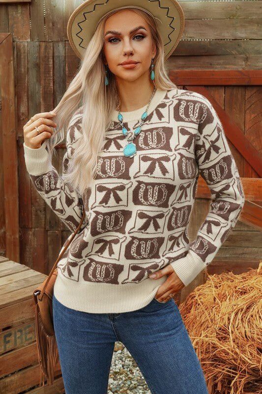 Western plaid cowgirl check crochet cozy sweater by FashionWorks, featuring a warm, stylish design with a plaid pattern and crochet detail.