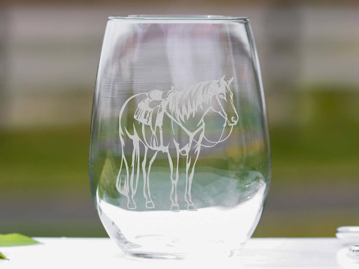 Classy Equine Western Ranch Horse engraved stemless wine glass for equestrian home and gift use.