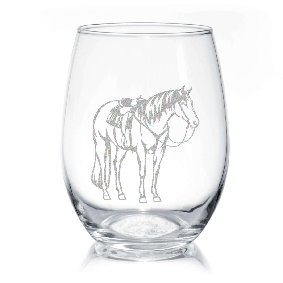 Engraved stemless wine glass featuring Western ranch horse and equestrian design by Classy Equine, ideal for home and gifts.