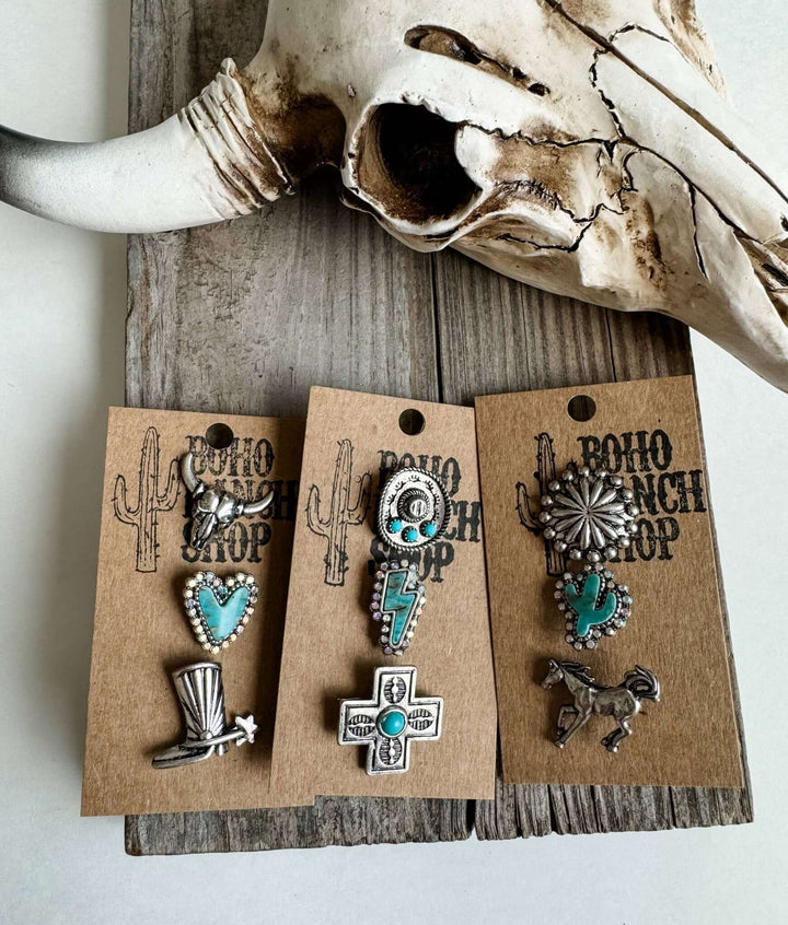 Western Turquoise Silvertone Pin Set - Trucker hat, purse - Cowgirl Charm