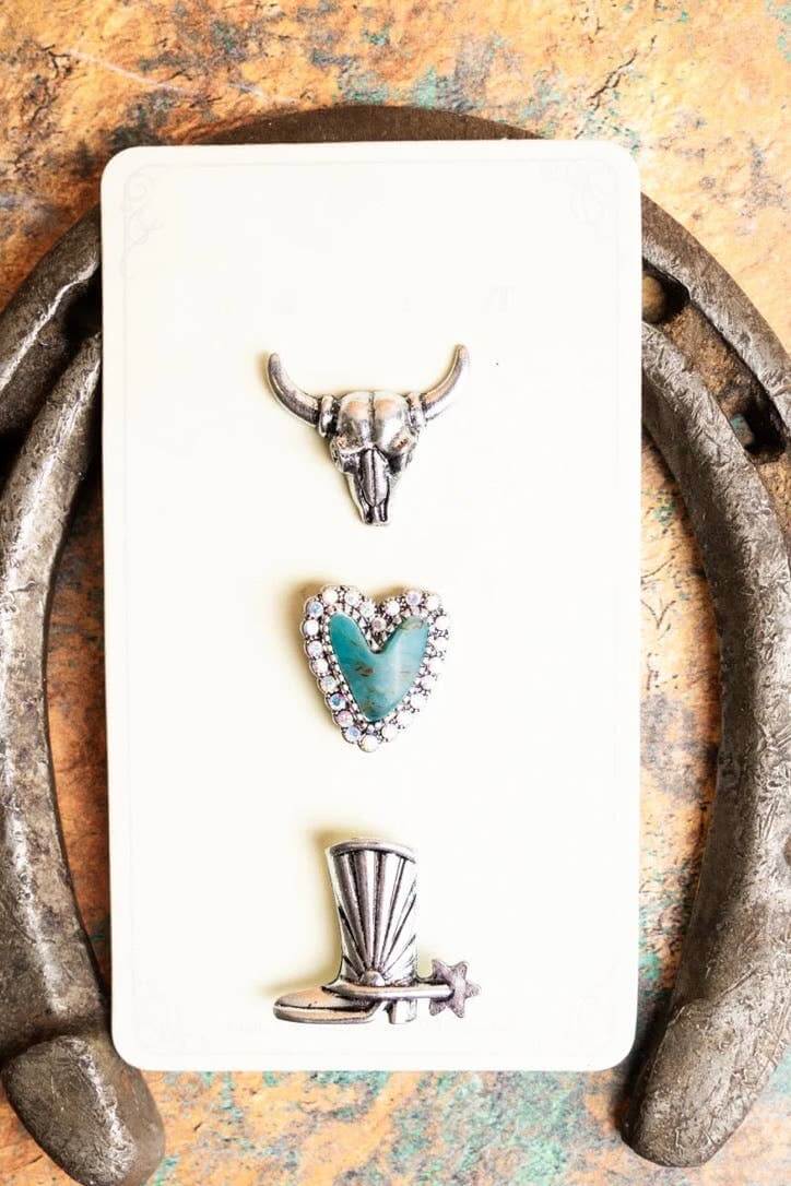 Western Turquoise Silvertone Pin Set - Trucker hat, purse - Cowgirl Charm