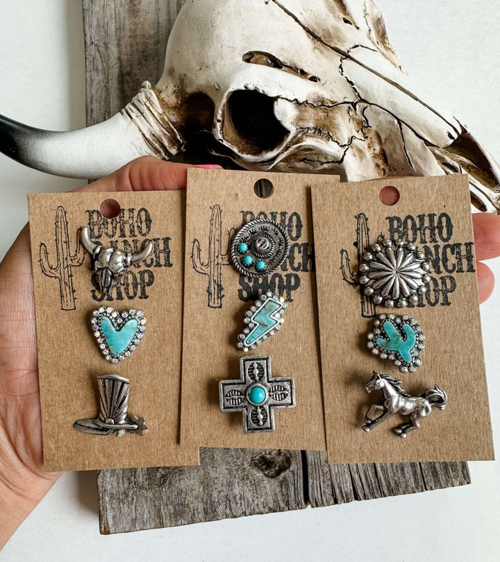 Western Turquoise Silvertone Pin Set - Trucker hat, purse - Cowgirl Charm