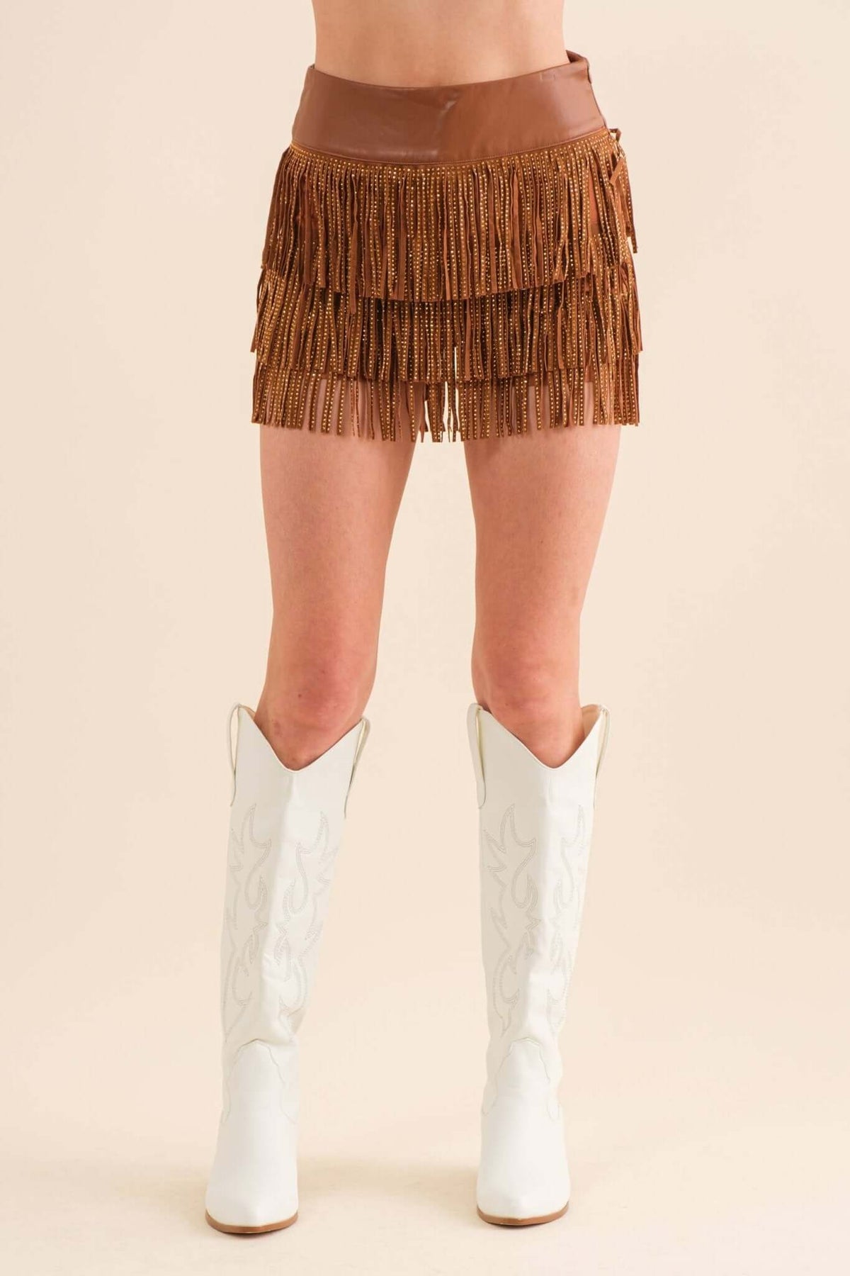 Blue B wide faux leather shorts with tiered fringe and studded details, featuring a high waist and trendy design.