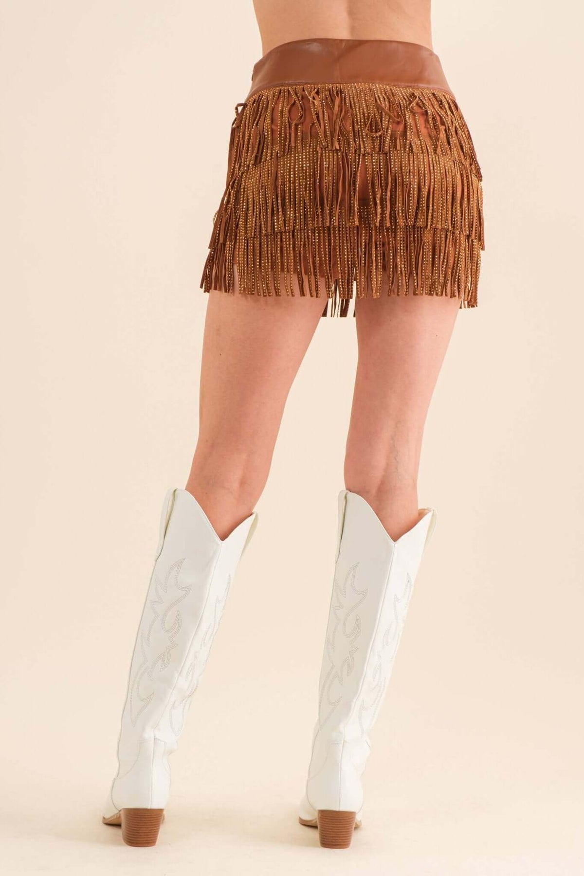 Blue B wide faux leather waist tiered fringe studded shorts, featuring a bold design with fringe and studded details.