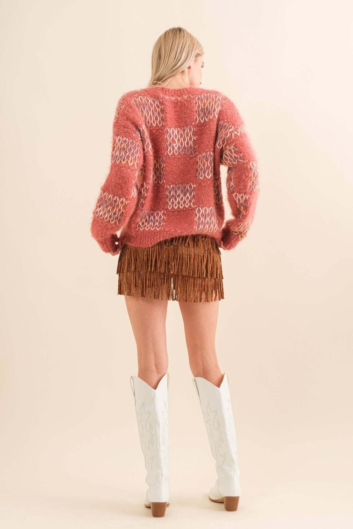 Blue B wide faux leather shorts with a high waist, tiered fringe design, and studded details, suitable for trendy casual wear.