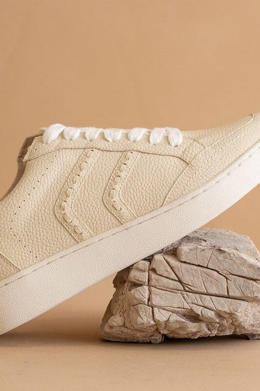 Women's cream leather-like sneakers by Lets See Style, stylish white casual shoes for everyday wear, showing side view and laces.