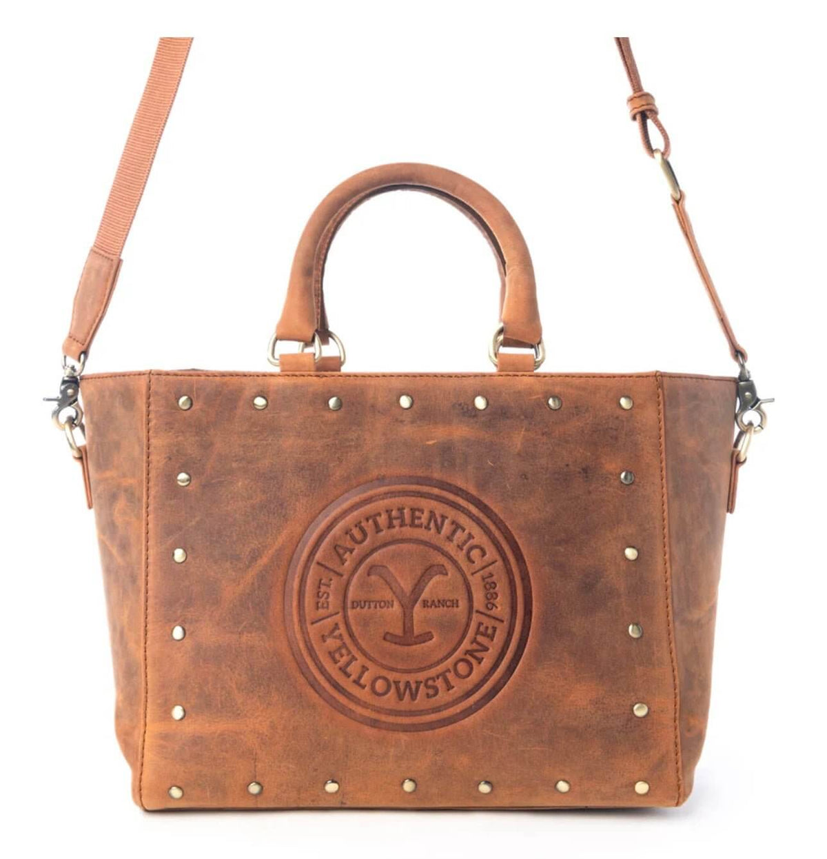 Yellowstone Legancy Studded Leather Tote bag by Cowgirl Charm with silver studs and sturdy leather handles.