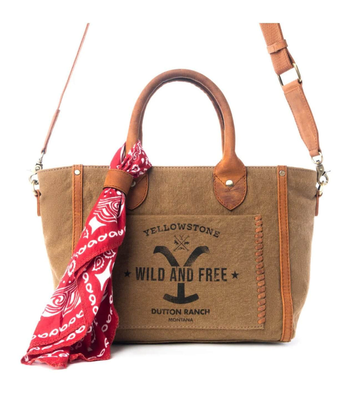 Yellowstone Montana crossbody bag with attached scarf by Myra Bags, featuring a woven design and adjustable strap.