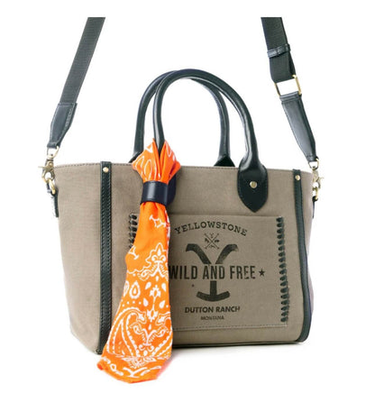 Myra Bags Yellowstone Montana crossbody bag with attached colorful scarf, featuring leather and fabric details for a stylish look.