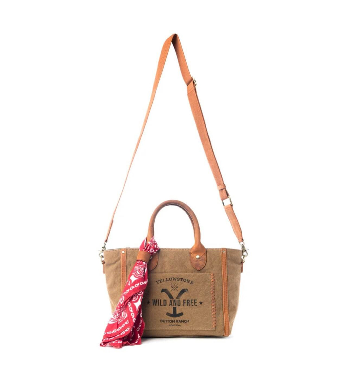 Yellowstone Montana crossbody bag by Myra Bags featuring a decorative scarf and leather accents, stylish and functional accessory.