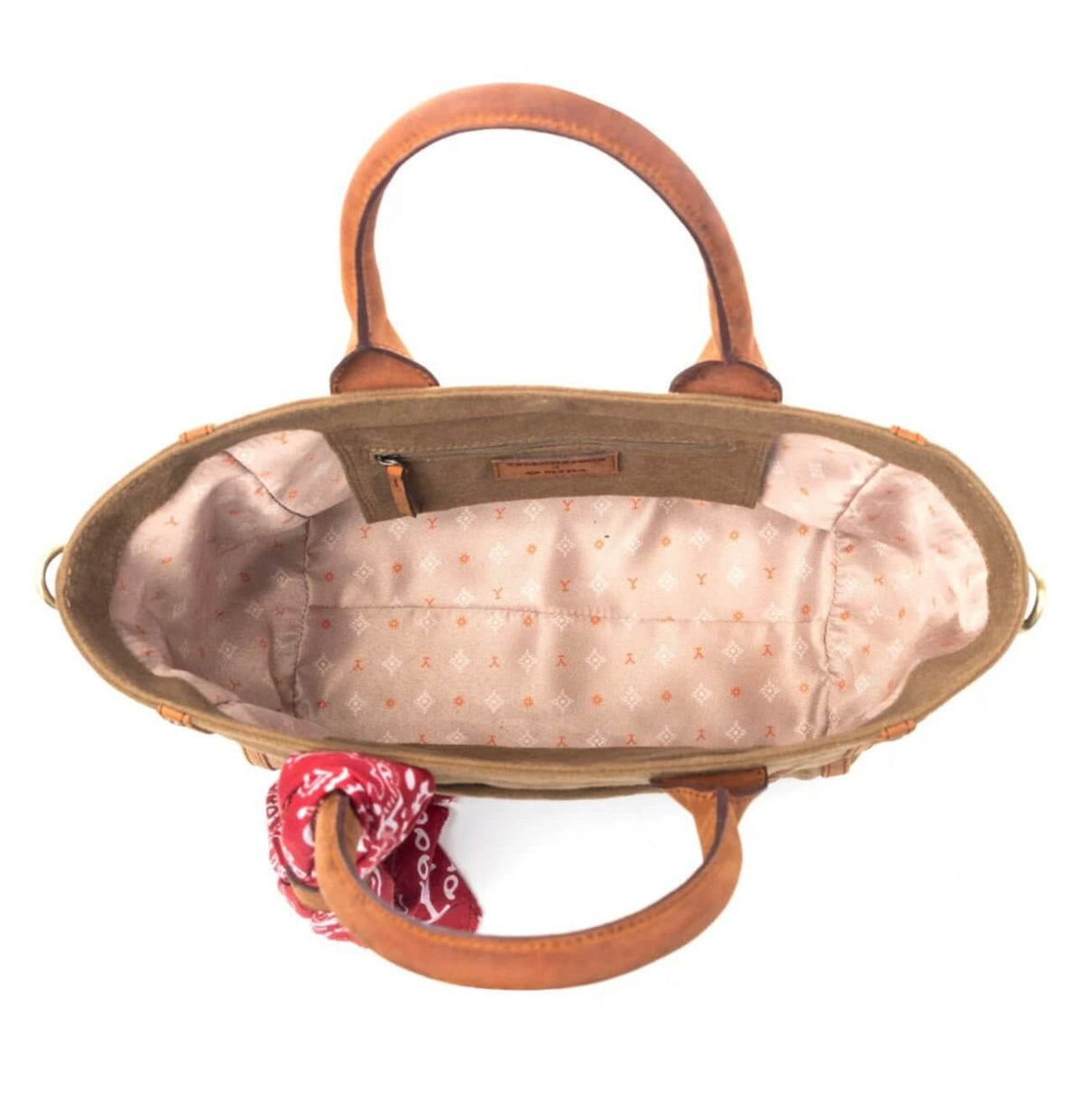 Yellowstone Montana crossbody bag by Myra Bags featuring a colorful scarf accent and durable leather material.