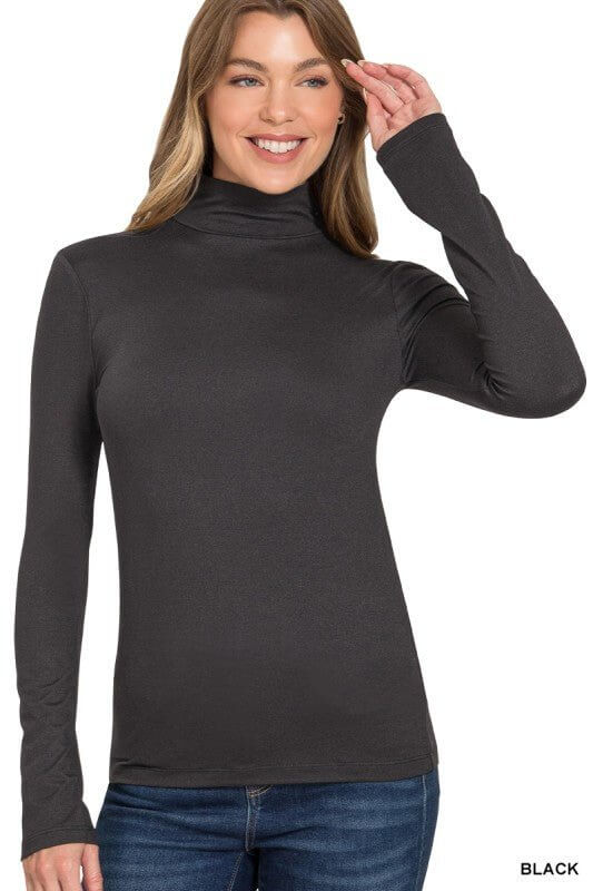 Zenana long sleeve turtleneck top, soft basic layering tee, women's blouse in neutral color, close-up of fabric and neckline.
