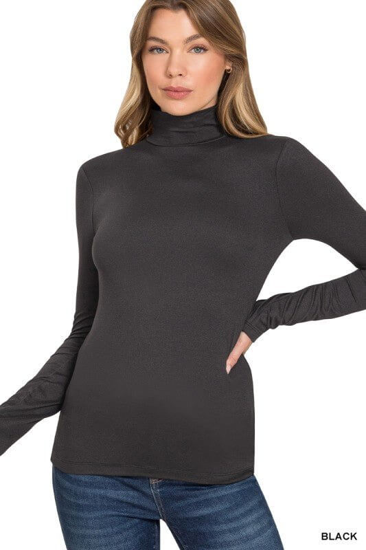 Zenana long sleeve turtleneck top in soft fabric, versatile layering tee for women, in a neutral color with a fitted silhouette.