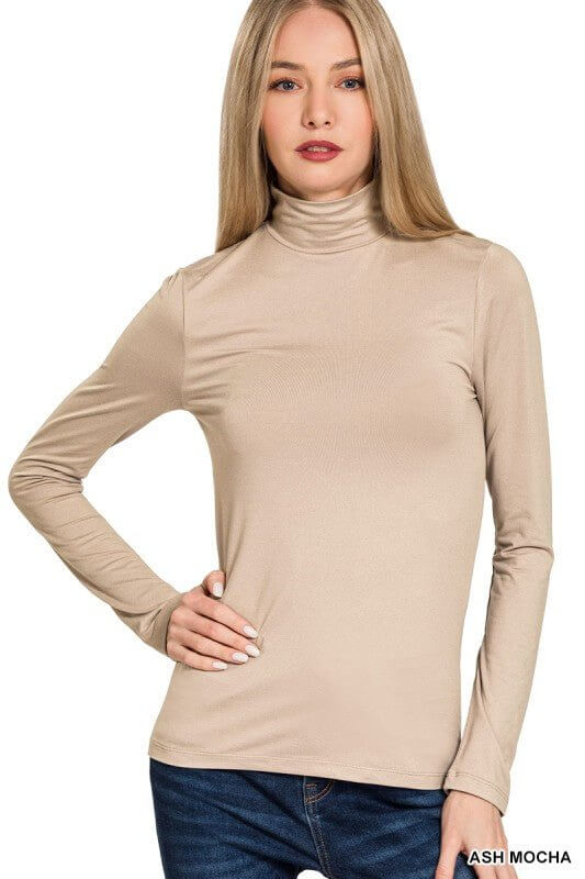 Zenana long sleeve turtleneck top, soft basic layering tee for women, with a fitted design and classic turtleneck collar.