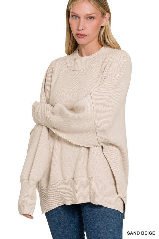 Zenana Oversized Ribbed Mock Neck Sweater – Cozy Slouchy Tunic - Cowgirl Charm