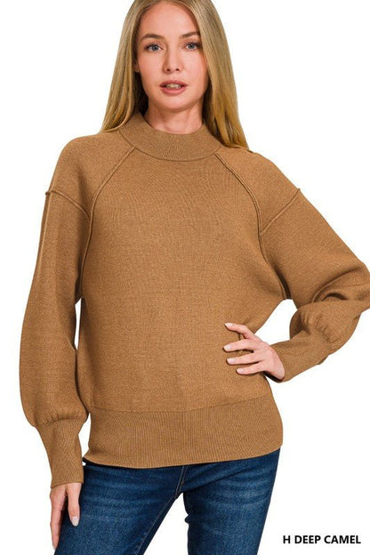 Zenana viscose mock neck sweater with exposed seam detailing, featuring a cozy fit and stylish design ideal for casual wear.