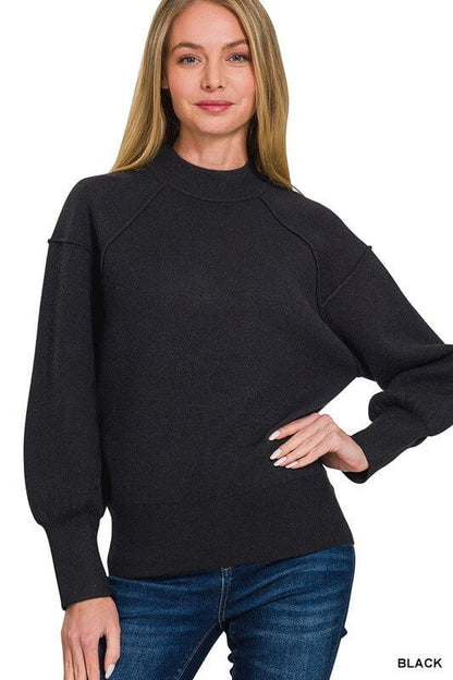 Zenana viscose mock neck sweater with exposed seam detail, featuring a fitted style and long sleeves for casual comfort.